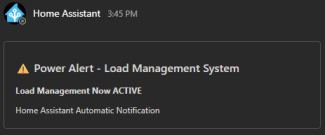 Screen snip of a teams message/notification from this Home Assistant "bot" stating that there is active load management.